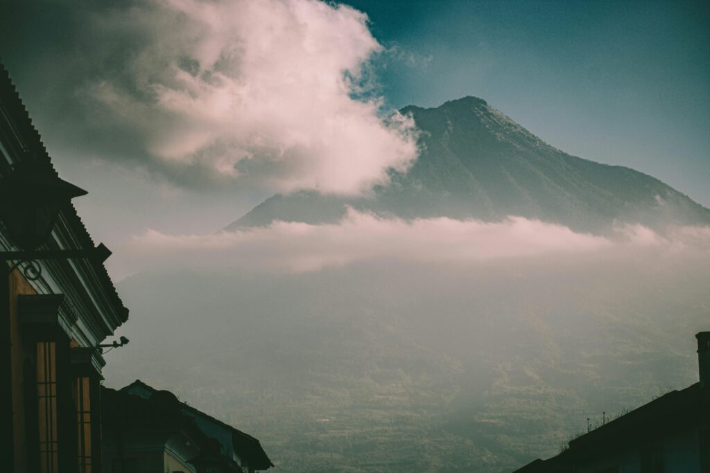 Antigua guatemala with montains, a guatemala coffee house