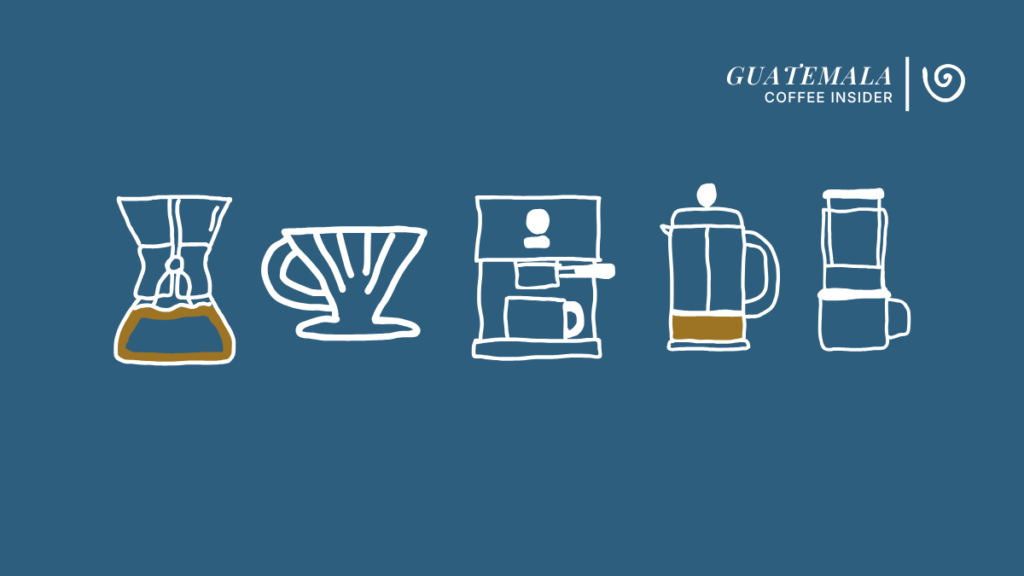 Illustration of popular coffee brewing methods featured by Guatemala Coffee Insider including Chemex, V60, espresso machine, French press, and AeroPress