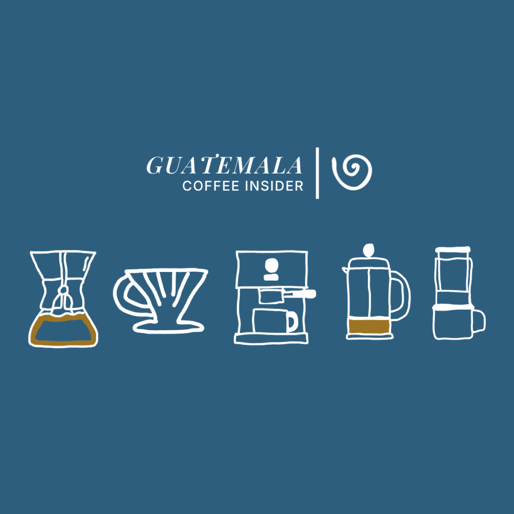 Illustration of popular coffee brewing methods featured by Guatemala Coffee Insider including Chemex, V60, espresso machine, French press, and AeroPress