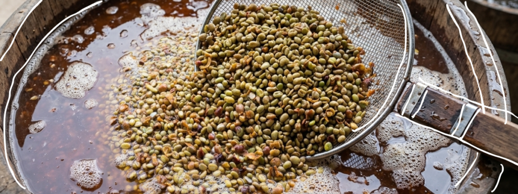 Wet processing of green coffee beans at a mill in Nuevo Oriente, Olopa Chiquimula — traditional washed method used by smallholders in Guatemala’s volcanic coffee region, producing clean, balanced specialty coffee